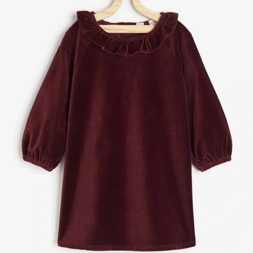 H&M kids girls velvet dress burgundy long sleeve holidays ruffles shift formal